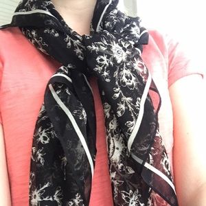 Black and white floral silk scarf